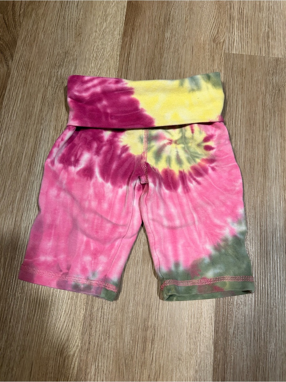 Amy Coe Tie-Dye Fold-Over Waist Bike Shorts - Pink, Yellow & Green